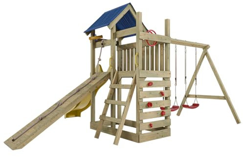 Outgarden Spielturm Klettergerüst Hefty aus KDI-Holz | Spielhaus mit gelber Rutsche & roter Doppel-Schaukel | Sandkasten, Leiter, Kletterrampe & Kletterwand | Stelzenhaus für Kinder | 486x386x258 cm