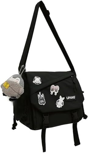 Inshere Aesthetic Crossbody Bag, Cute Messenger Bag for Women Men, Y2K Japanese Kawaii Bag with Cute Pins and Ornament Black