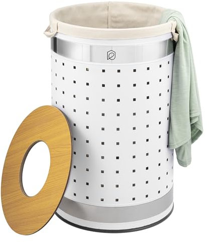 eluno runde Wäschetonne, Wäschekorb, Wäschesammler mit waschbarem Wäschesack und abnehmbaren Deckel, 50 Liter Fassungsvermögen für Schlafzimmer, Badezimmer, Wäscheaufbewahrung aus Metall (Weiß)
