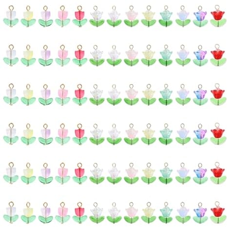 CHGCRAFT 78pcs Glass Tulips Charm Tulips Pendant Flower Leaf Beads Pendant Charms with Loops Assorted Color Dangle Glass Bead Charms Bulk for DIY Jewelry Making