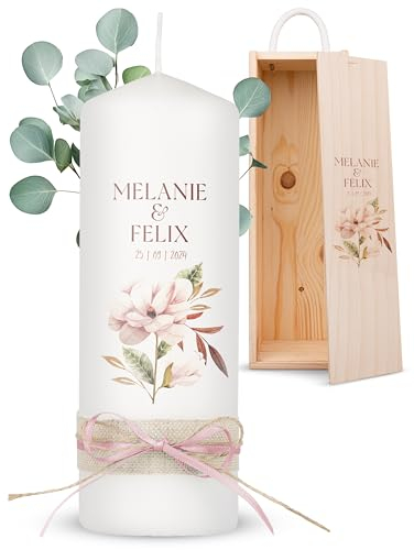 AMARI ® Hochzeitskerze Eheglück 20/7 cm - Personalisierte Traukerze mit Namen und Datum für Standesamt
