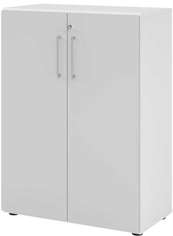bümö Aktenschrank abschließbar, Büroschrank Holz 80cm breit in Weiß/Grau - abschließbarer Schrank mit Aktenregal für's Büro & Arbeitszimmer, Büro Möbel Ordnerschrank mit Schloss