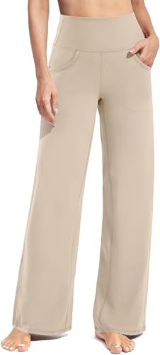 G4Free Yoga Hose Damen Weites Bein Hohe Taille Yogahose mit Taschen Jogginghose Strecken Locker lässig Sporthose(Regular,Helles Khaki,M)