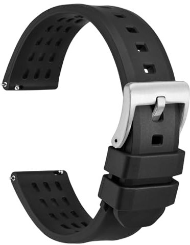 WOCCI 21mm Rallye Uhrenarmband, FKM Gummi Armband, Schnellverschluss, Silberne Gebürstete Schnalle (Schwarz)