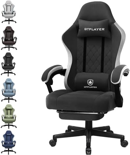 GTPLAYER Chaise de Gaming Ergonomique avec Surface en Tissu, Coussin de siège à Ressort, accoudoirs de Connexion et Repose-Pieds, Supporte 150 kg, Noir
