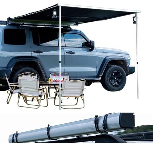 Car Side Awning,SUV Truck Vehicle Awning Rooftop Pull Out Tent Shelter,PU5000mm UV50+ Shade Outdoor Camping Travel,Aluminum Alloy Shell,Retractable Car Side Awning, For SUV/Truck/Van(Silver,250X300cm/