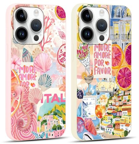 Vxinvnoi 2 Stück Handyhülle für iPhone 13 Pro Hülle, Collage Motiv Aesthetic Blumen Obst Bunt Sommer Muster Mädchen Case, Weich Silikon TPU Stoßfeste Schutzhülle Cover für iPhone 13 Pro 6,1, Rosa