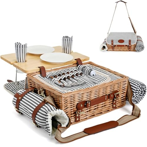 Multifunktionales Weiden-Picknickkorb-Set für 2 mit Decke und Picknicktisch, isoliertes Picknick-Set mit vollem Geschirr für Camping Outdoor Paare, Streifen