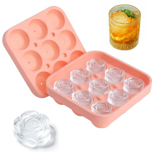 XRVRILE Silikon Eiswürfelform Rose, Eiswürfelform Silikon 9 Fach Ice Cube Tray Silicone Eiswürfelbehälter mit Deckel Wiederverwendbare Silikonform Rosen für Eis, Whiskey, Cocktail, Saft, Kaffee
