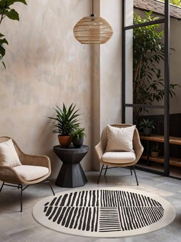 Ted Baker Flachgewebe Teppich Bounds Rund - Wendeteppich Outdoor geeignet, Pflegeleichter Wohnzimmerteppich, Modern, Streifen Muster für Wohnzimmer, Terrasse, Esszimmer, Balkon - Schwarz Weiß, Ø200 cm