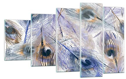 Mehrteilige Bilder auf Glas Pfau Feder modern Glasbild 100x60cm Wandbilder Dekoration Wohnzimmer Schlafzimmer Küche Set 5 teilige Groß Wanddeko Bild im Glas Wand Kunstdruck Art Modern GEG100x60-3424