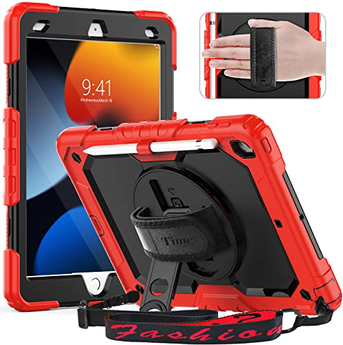 Timecity Case for iPad 9th/ 8th/ 7th Generation 10.2 inch - Heavy Duty Protective Cover with Screen Protector, Rotating Stand, Shoulder Strap & Pencil Holder | Kids-Friendly, Red