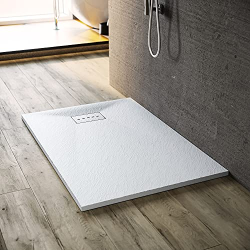 SONNI Duschwanne 120x90 cm Schieferoptik und Rutschfeste Struktur Weiß Superflache Duschwanne Inklusive Siphon