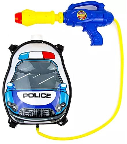 Quickdraw 14'' Kids Water Gun Backpack Police Car Pump Action Soaker Pistol Squirt Gun, Blue, White (ZH233134)