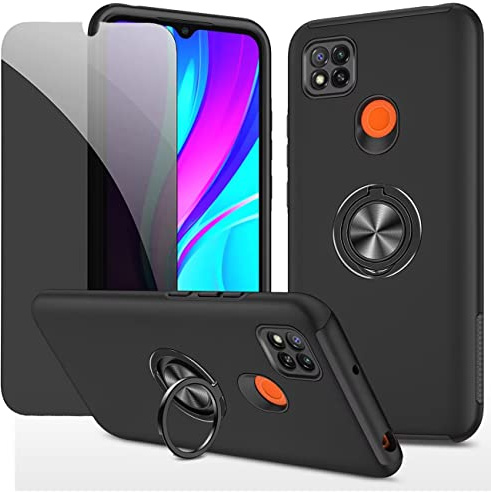 Dechyi Sichtschutz hülle für Xiaomi Redmi 9C /9C NFC Schwarz Handyhülle mit Anti-Spähen Displayschutzfolie mit Ringhalterung stoßfest, Kratzfest strapazierfähig Schutzhülle