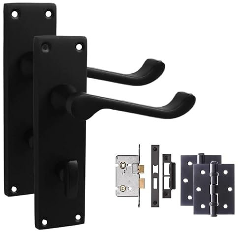 Golden Grace Victorian Scroll Door Handles Bathroom WC Toilet Lock in Matt Black Finish with Bathroom Mortise Lock Set & 1 Pair of 3 Ball Bearing Hinges