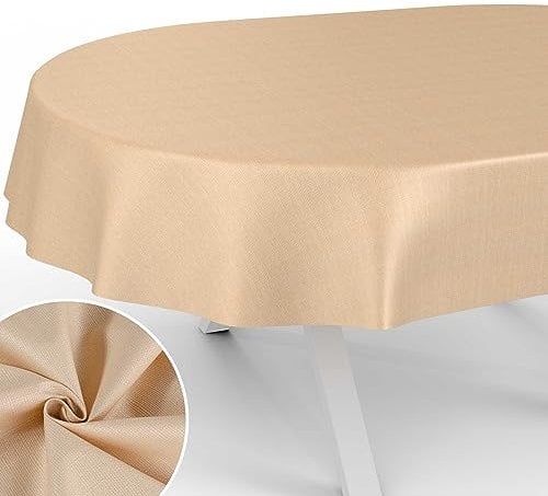 Stoff Tischdecke Textil Tischwäsche Tischtuch Baumwolle Polyester abwaschbar Uni Ornament Damast Jacquard Gewebe waschbar Beige Oval 240x140cm Schnittkante