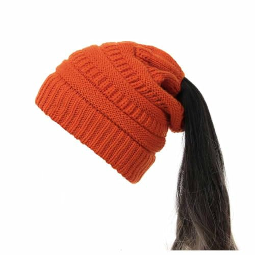 SHTGOI Pferdeschwanz Mütze Wolle Strickmütze Weiche Stretch Wintermütze mit Loop Zöpfen Loch Slouch Beanie Mütze Grobstrick Häkelmütze Warme Hut für Damen und Mädchen mit Langen Haaren Orange