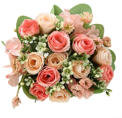 Flores artificiales, hortensias de seda, peonías, rosas, arreglos florales, centros de mesa para el hogar, tumbas, oficina, fiesta, decoración de boda (coral para rosa)