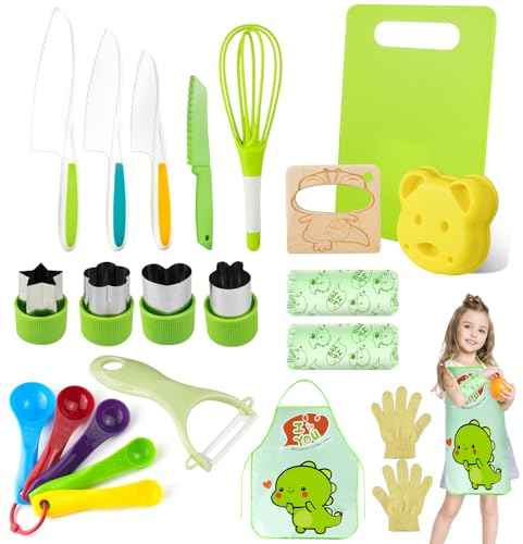 Kazaigou 21PCS Toddler Knife Set, Kids Safe Knives for Real Cooking,Toddler Kitchen Tools Mini Chef Set with Plastic Safe Knives Wooden Knife Cutting Board Fruit Cutters Y Peeler