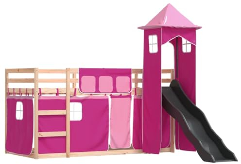 vidaXL Kids Twin Bunk Bed with Slide and Curtains - Pink Pine Wood Frame, Fun Anthracite Slide, Sturdy Guardrails, 195.5x97.5x113 cm