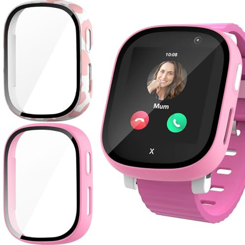 Buoluoioir 2 Stück Hülle mit Displayschutz für Xplora X6 play Hartglas Schutzhülle, Hard PC Rundum HD Ultradünne Glas Schutz Case für Galaxy Watch 6 Schutzhülle,Milchblock+Rosa