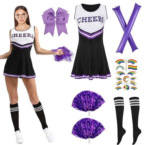 Orizizhic 8PCS Cheerleader Kostüm Damen, Cheerleader Kostüm Mädchen High School mit Pompons Kleid Haarband Socken Tattoo-Aufkleber Cheer Sticks für Karneval Mottoparty Cosplay