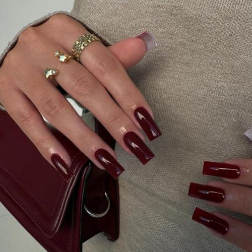 KQueenest Dark Red Press on Nails Long Square, Burgundy Red False Nails Long Medium Coffin, Glossy Natural Solid Fake Nails Set, Reusable Gel Stick on Nail for Women Finger Daily Wear 24 Pcs