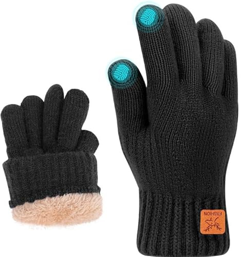 Fjquamitix Gants d'hiver Enfants Gants en Tricot Doux et Chauds avec Laine Intérieure Gant Tactiles pour Ski, Vélo, Football, Course Confortables pour 5-12 Ans Garçons et Filles (Noir)