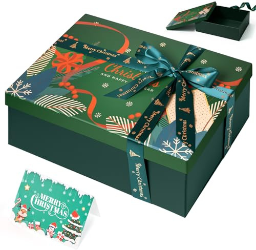 Samlior Geschenkbox für Weihnachten 29x21x10,5cm, Geschenkkarton mit Deckel, Faltbar Geschenkboxen mit Grußkarte Raffiabast und Schleife für Weihnachtsdekoration, Grün Blatt
