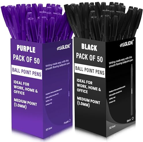 Eziglide Ballpoint Pens Multipack, Black & Purple Ink 2 x 50 Pack Black & Purple Biro Pens Multipack with Medium Point (1.0mm), Smooth Handwriting & Consistent Flow Stick Ballpoint Pen