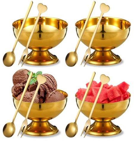 Simaixing 4 schalen unverdautes eis, 4 löffel, 5 unzen kalbseis eis, 5 unzen dessertbecher, metallenen dessertbecher, goldene kuchenschalen, kelleroberste servierteller (Gold)
