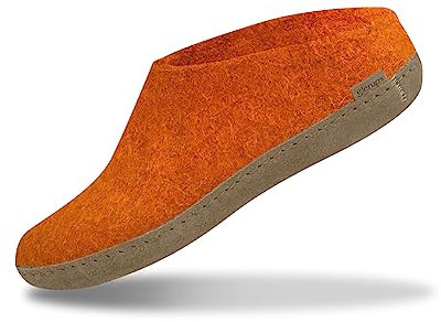 GLERUPS Slip On Hausschuhe Damen und Herren (Größe 3.5) | Orange Unisex Slipper aus Wolle mit Ledersohle