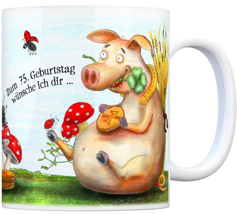 Viel Glück zum 75. Geburtstag Kaffeebecher - Glücksklee, Schwein, Kaminfeger, Glücksbringer, Klee, Marienkäfer und Hufeisen.