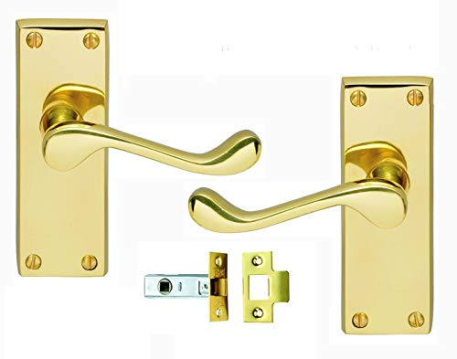 Golden Grace Victorian Scroll Door Handle & Latch Set, Polished Brass 120mm | Includes 64mm tubular latches, spindles, and fixing screws to secure doors quickly with a clean metal hardware finish.