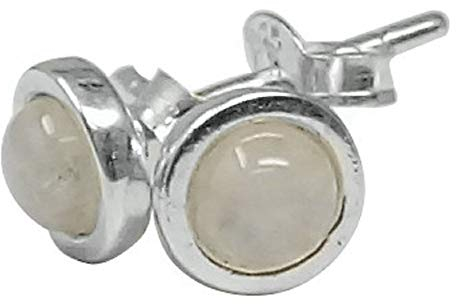 Mondstein Ohrstecker Cabochon, rund 6 mm, 925er Silber, Edelstein Ohrringe Sterling Silber