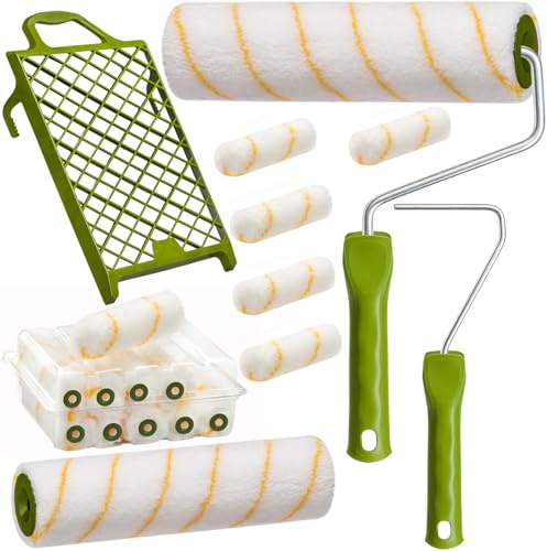Maler Set 15 tlg Farbroller Heizkörperwalze Abstreifgitter mit Steckbügel | Komplettes Streich-Set für Renovierungen: Wandfarbe gleichmäßig auftragen an Wänden, Decken und Heizkörpern