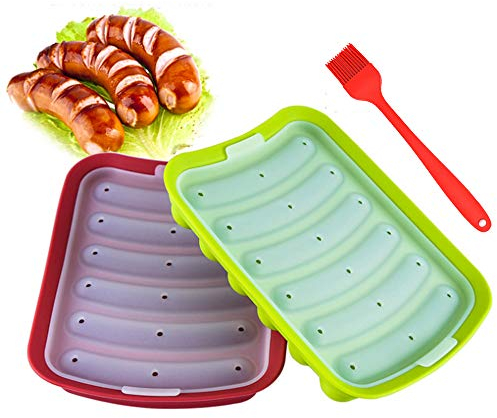 Sausage Mould, 2 PCS Premium Silicone Hot Dog Making Molds with Lid and Grease Brush, Non Stick Meat Hot Dog Maker for Kids Food Supplement, 6 Cavity Cake Tray Machines (Random Color)