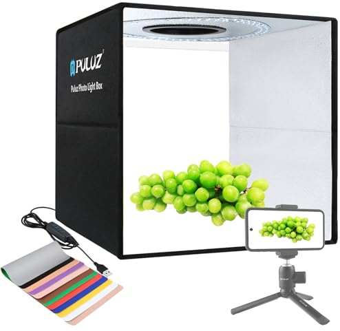PULUZ Fotostudio Lichtbox Fotobox 40x40x40cm Tragbarer Fotografie Lichtzelte Light Box mit 3 Farbtemperaturen dimmbarem Ring LED-Licht 12 Farben