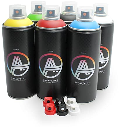 Double A Spraypaint Sprühdosen Set, Paket Grundfarben klein, 6 Spraydosen 400ml + Sprühaufsätze