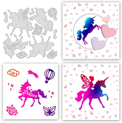 GLOBLELAND 11Pcs Einhorn Fee Hot Foil Platte für die Herstellung von Karte Dekoration Metall Märchen Sterne Schmetterling Rose Cloud Hot Foil Pappplatte für Scrapbooking Metall Hot Foil Platte