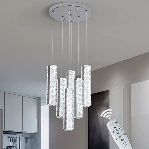 6-Licht Moderne Kristall Pendelleuchte mit Fernbedienung, 3-farbige Dimmbare Hängelampe Glas LED Hängeleuchte Höhenverstellbar Kronleuchter für Kücheninsel, Esszimmer, Wohnzimmer, Schlafzimmer