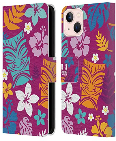 Head Case Designs Tiki Patrones Hawaianos Carcasa de Cuero Tipo Libro Compatible con Apple iPhone 13