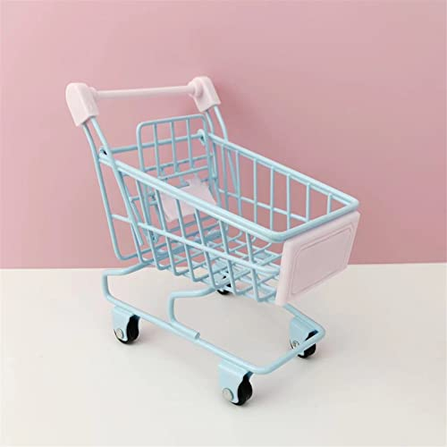 VIONNPPT 1:12 Puppenhaus Miniatur Supermarkt Handwagen, süß Metall Shopping Wagen, Mini Einkaufswagen Spielzeug Modell, Puppen Dekor Geschenk (Blau)