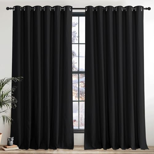 PONY DANCE Blackout Black Curtains for Bedroom - Thermal Insulated Curtains with Eyelet 2 Panels, 90 Inch Width x 90 Inch Drop Noise Reducing Energy Saving Drapes for Living Room/Hotel
