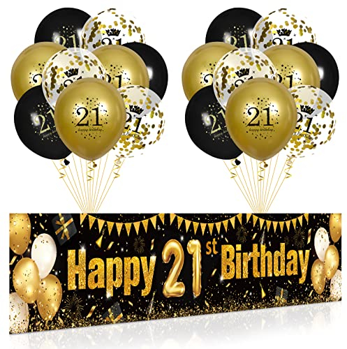 21. Geburtstag Party Deko für Mann Fraue Schwarzes Gold, Luftballons 21. Geburtstag Schwarz Gold Banner und 18 PCS 21. Happy Birthday Konfetti Ballons für Deko 21 Jubiläum Geburtstagsparty Dekoration