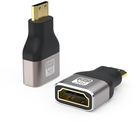 PremiumCord 8K Adaptador HDMI A Hembra a Mini HDMI Macho F/M, UHD 8K 3840p 60Hz, 4K 2160p 120Hz, Full HD 1080p, Carcasa de Aluminio, Conectores Dorados, Color Gris Espacial
