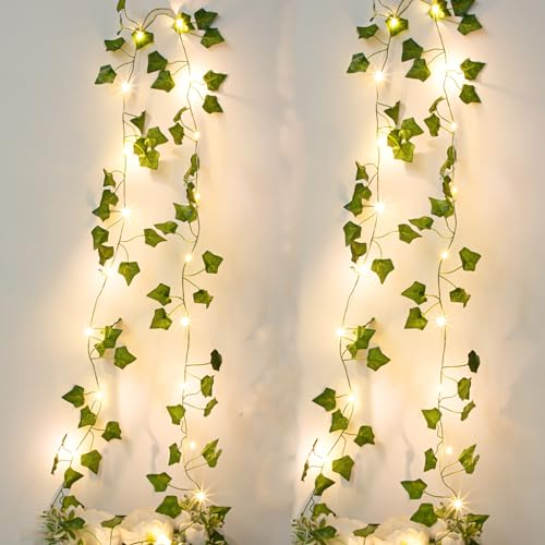 Ghirlanda di lucine di edera artificiale, ghirlanda di edera lucine per interni 2 m, foglie verdi con 20 luci LED, lucine a batteria, decorazione vegetale per festa di nozze(confezione da 2)
