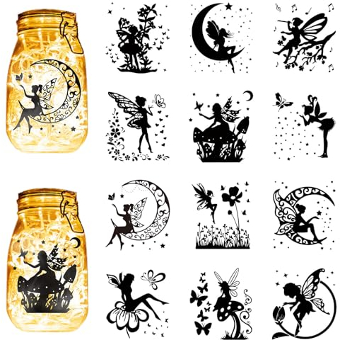 CREATCABIN 12 Stück Feen-Silhouetten,Einmachglas-Dekoration,Engelslaterne,Laserausschnitte,Ornamente,PVC-Scrapbook-Verzierung Für Wand,Fenster,DIY,Geschenk,Weihnachten,Schwarz,10x9cm(Ohne)