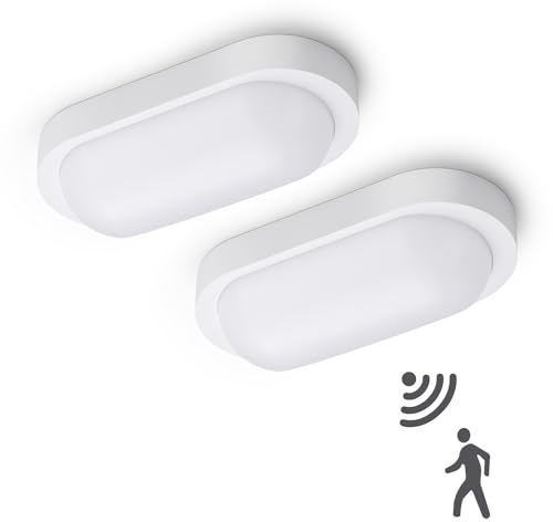 LEOEU 2 Stück LED Wandleuchte Kellerlampe mit Bewegungsmelder Innen, 12W IP65 Deckenleuchte LED Deckenlampe, Ovalleuchte Keller 1080lm Flimmerfreie Feuchtraumleuchte für Bad Flur Balkon Treppenhaus